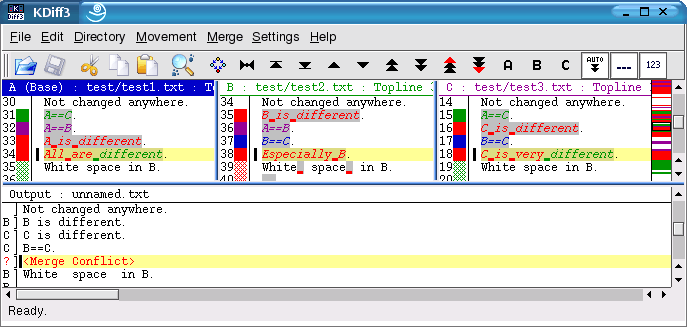 Example of conflict resolution with Kdiff3, showing the common ancestor on the left, and the final version at the bottom