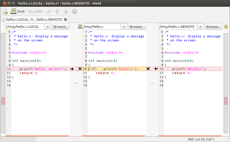 Example of conflict resolution with Meld, showing the final version in the center